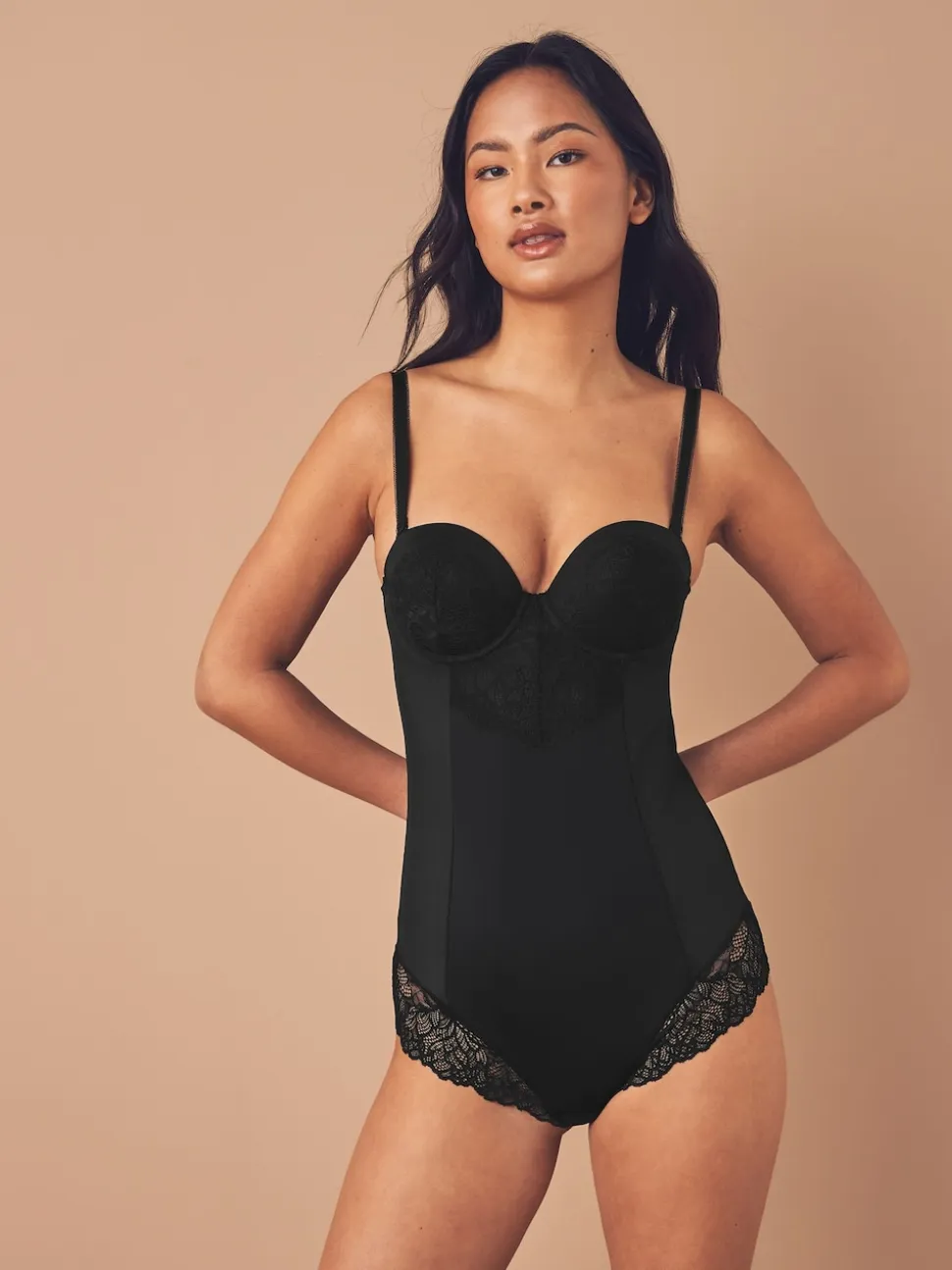 Black Firm Tummy Control Cupped Lace Body
