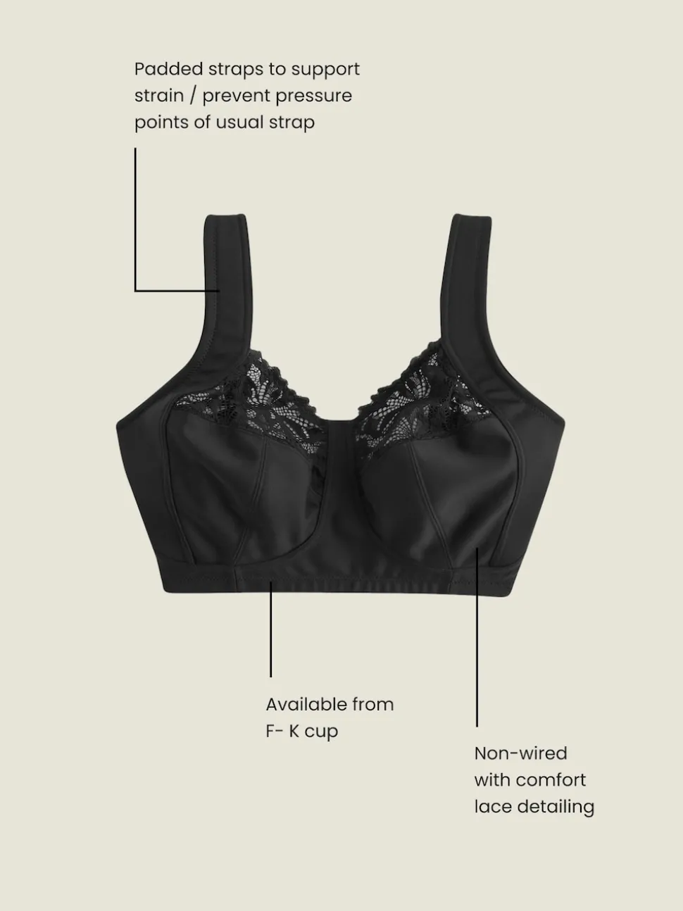 Black F-K Ultimate Comfort Cup Padded Strap Non Pad Non Wired Bra with Side Support