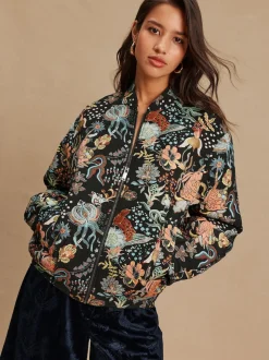 Black Floral Jacquard Bomber Jacket