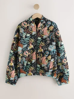 Black Floral Jacquard Bomber Jacket