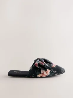 Black Floral Velvet Bow Slippers