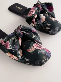 Black Floral Velvet Bow Slippers