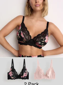 Black Floral/Pink DD+ Non Pad Plunge Bras 2 Pack