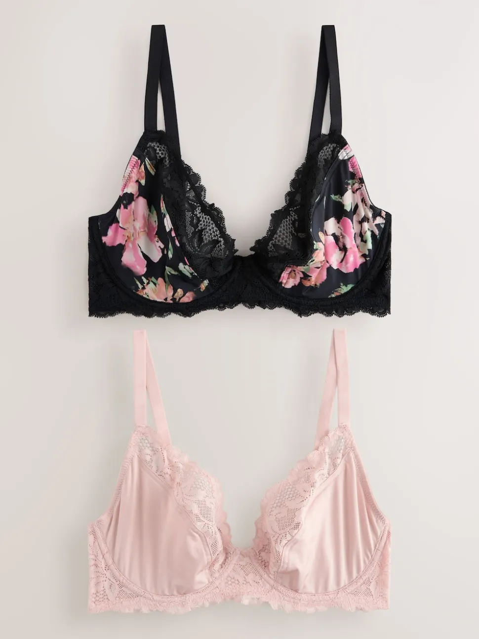 Black Floral/Pink DD+ Non Pad Plunge Bras 2 Pack
