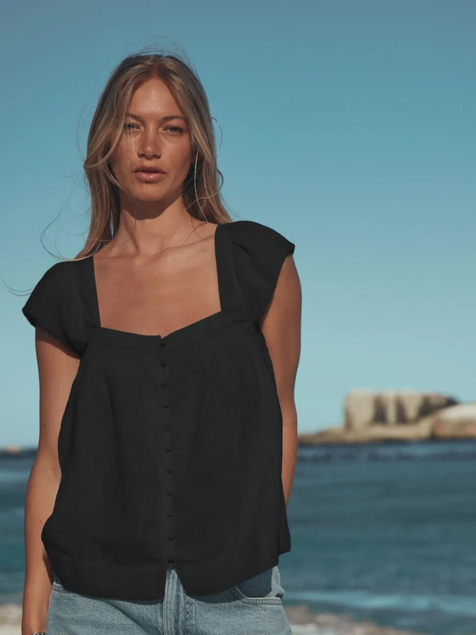 Black Flutter Sleeve Button Front Top With Linen