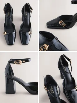 Black Forever Comfort® Buckle Closed Toe Block Heels