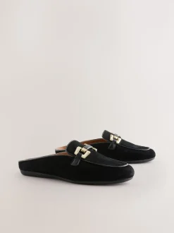 Black Forever Comfort® Leather Hardware Trim Detail Loafer Mules