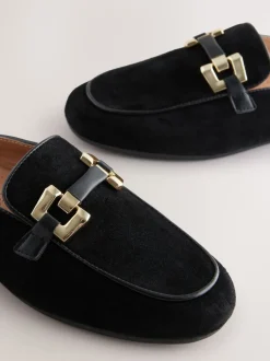 Black Forever Comfort® Leather Hardware Trim Detail Loafer Mules