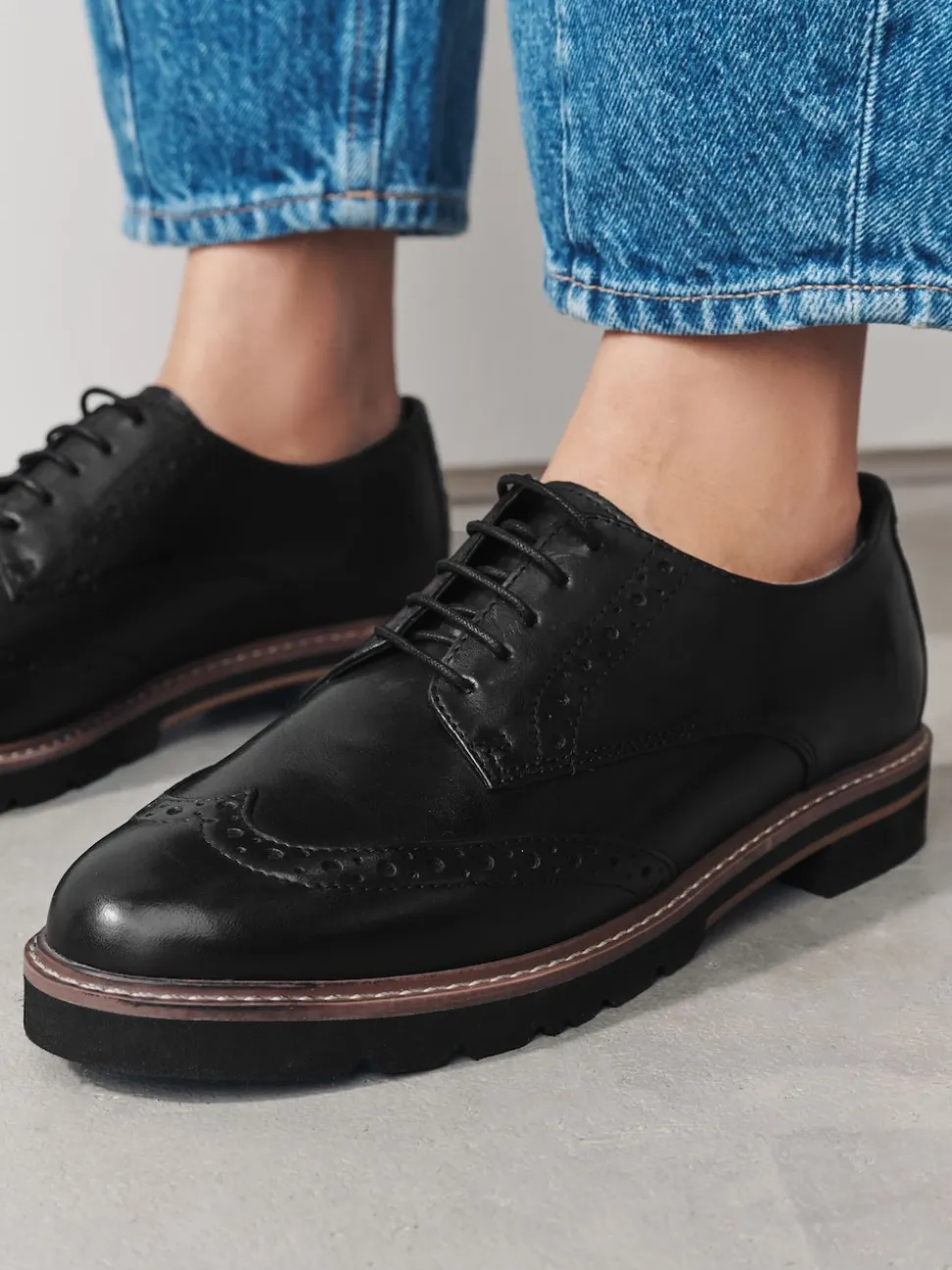 Black Forever Comfort® Leather Brogue Detailing Chunky Sole Lace-Up Shoes