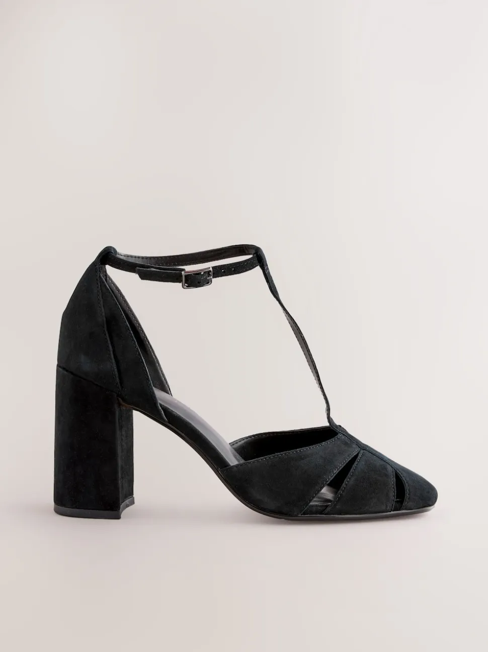 Black Forever Comfort® Leather T-Bar Cutout Closed Toe Block Heels