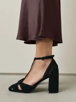 Black Forever Comfort® Leather T-Bar Cutout Closed Toe Block Heels
