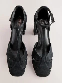 Black Forever Comfort® Leather T-Bar Cutout Closed Toe Block Heels