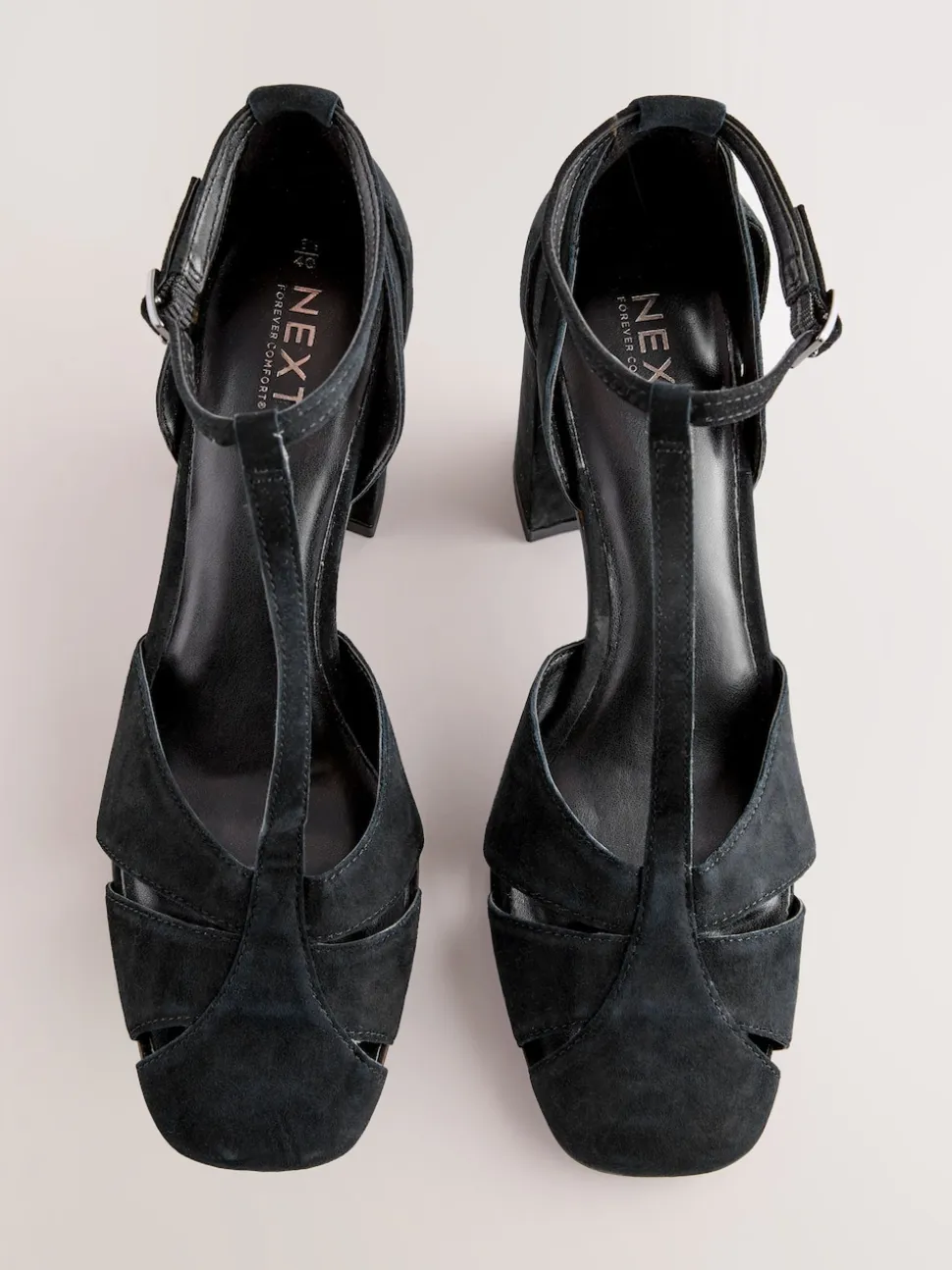 Black Forever Comfort® Leather T-Bar Cutout Closed Toe Block Heels