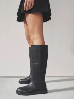 Black Forever Comfort® Leather Round Toe Chunky Knee High Boots