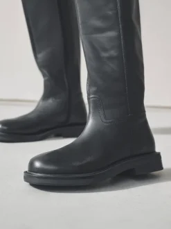 Black Forever Comfort® Leather Round Toe Chunky Knee High Boots