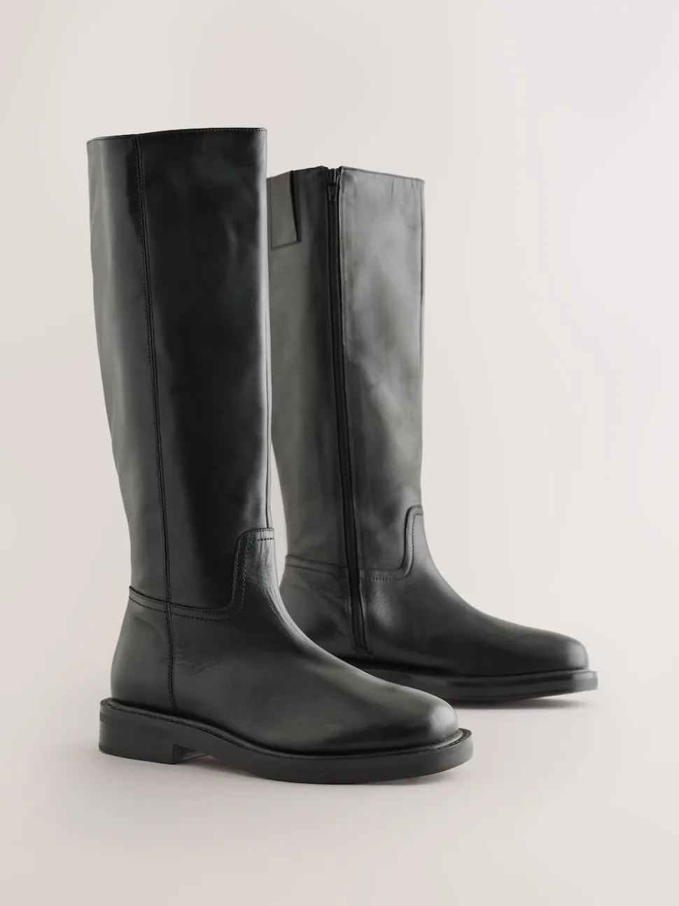 Black Forever Comfort® Leather Round Toe Chunky Knee High Boots