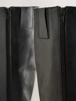 Black Forever Comfort® Leather Round Toe Chunky Knee High Boots