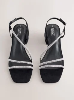 Black Forever Comfort Square Toe Jewelled Strappy Block Heeled Sandals