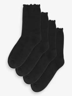 Black Frill Top Cushion Sole Ankle Socks 4 Pack