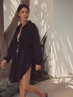 Black Gathered Waist Kaftan Cover-Up With Linen