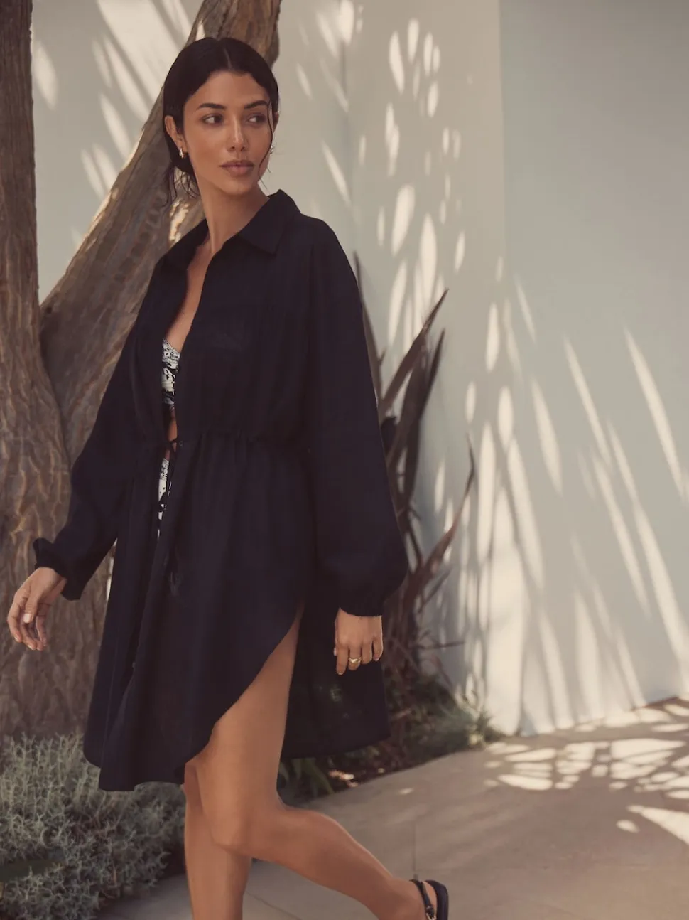 Black Gathered Waist Kaftan Cover-Up With Linen