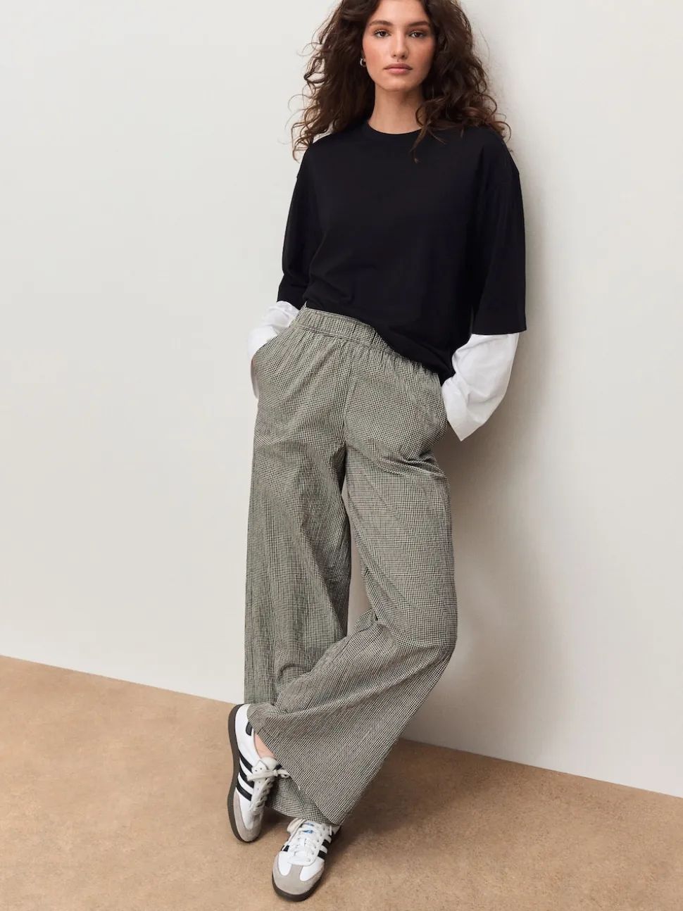 Black Gingham Wide Leg Trousers