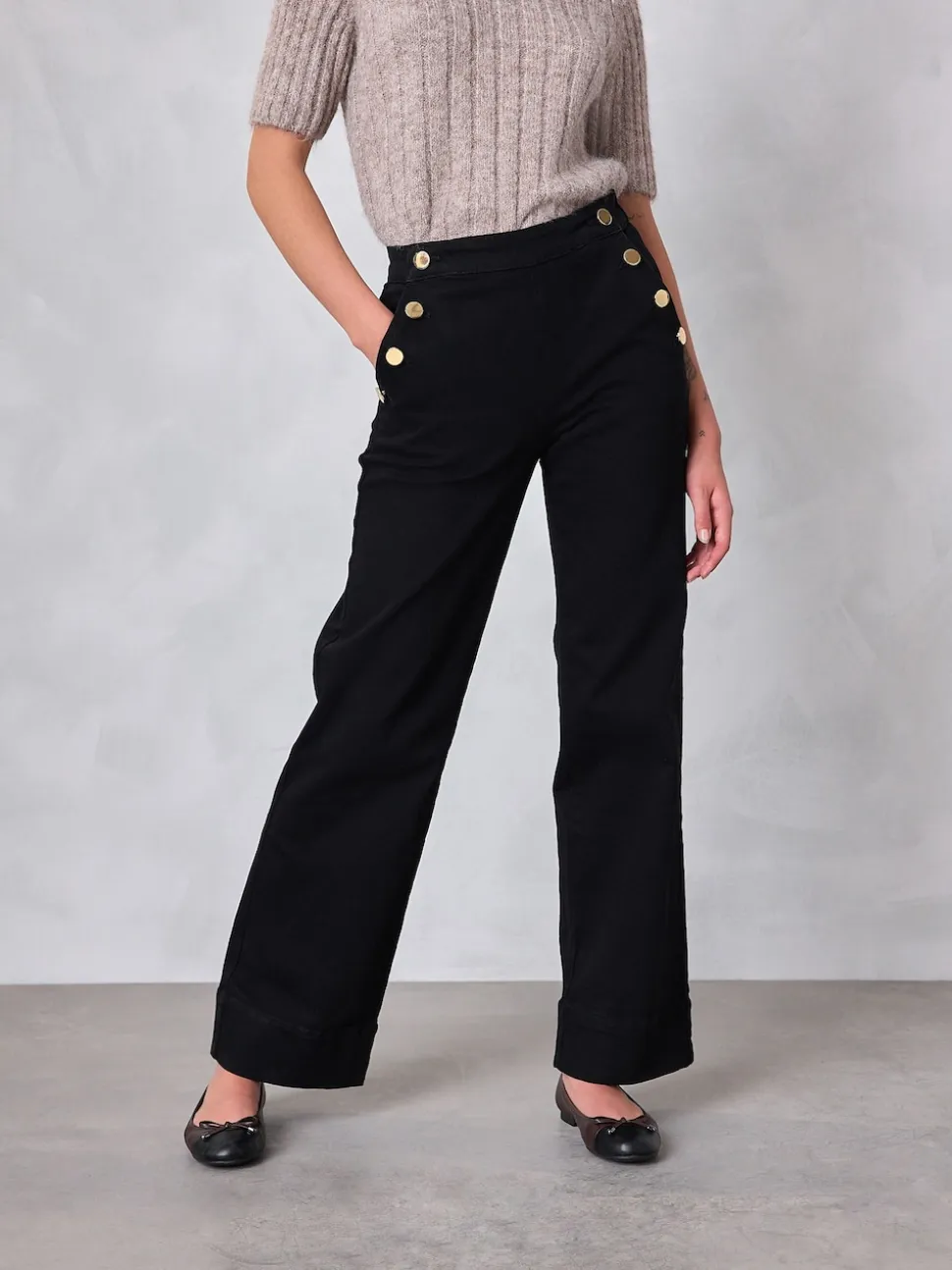 Black Gold Button Front Wide Leg Jeans