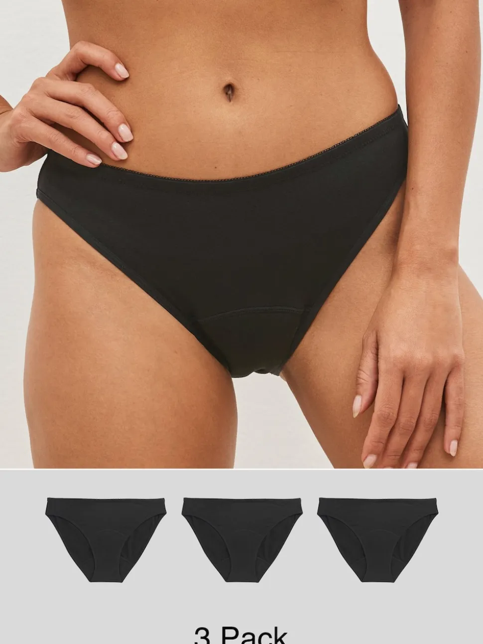 Black High Leg Full Brief Medium Flow Cotton Period Knickers 3 Pack