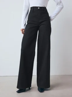 Black High Rise FlexiFit Stretch Pull On Wide Leg Jeans
