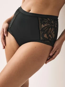 Black High Rise Lace And Microfibre Knickers