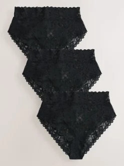 Black High Waist High Leg All Over Lace Knickers 3 Pack