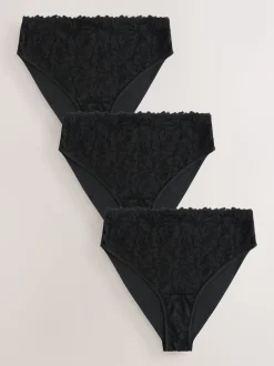 Black High Waist High Leg Lace Front NVPL Knickers 3 Pack