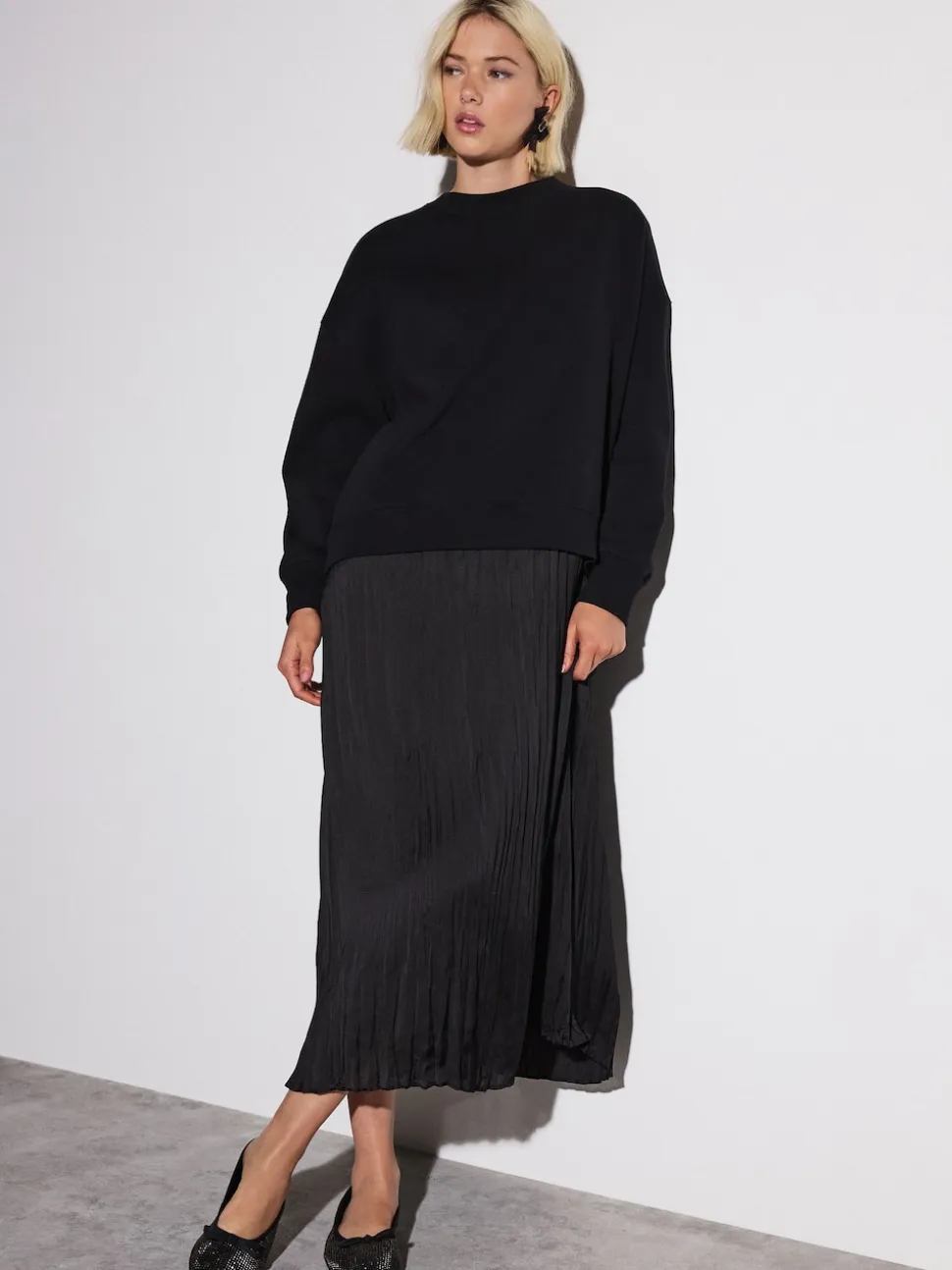 Black 2-In-1 Sweatshirt With Satin Midi Skirt