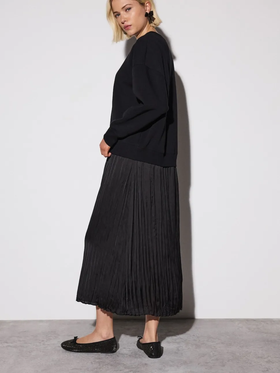 Black 2-In-1 Sweatshirt With Satin Midi Skirt