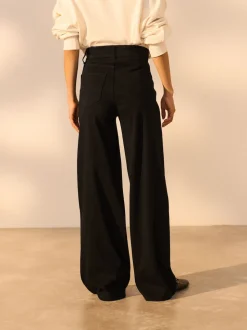 Black Jersey Denim Wide Leg Trousers