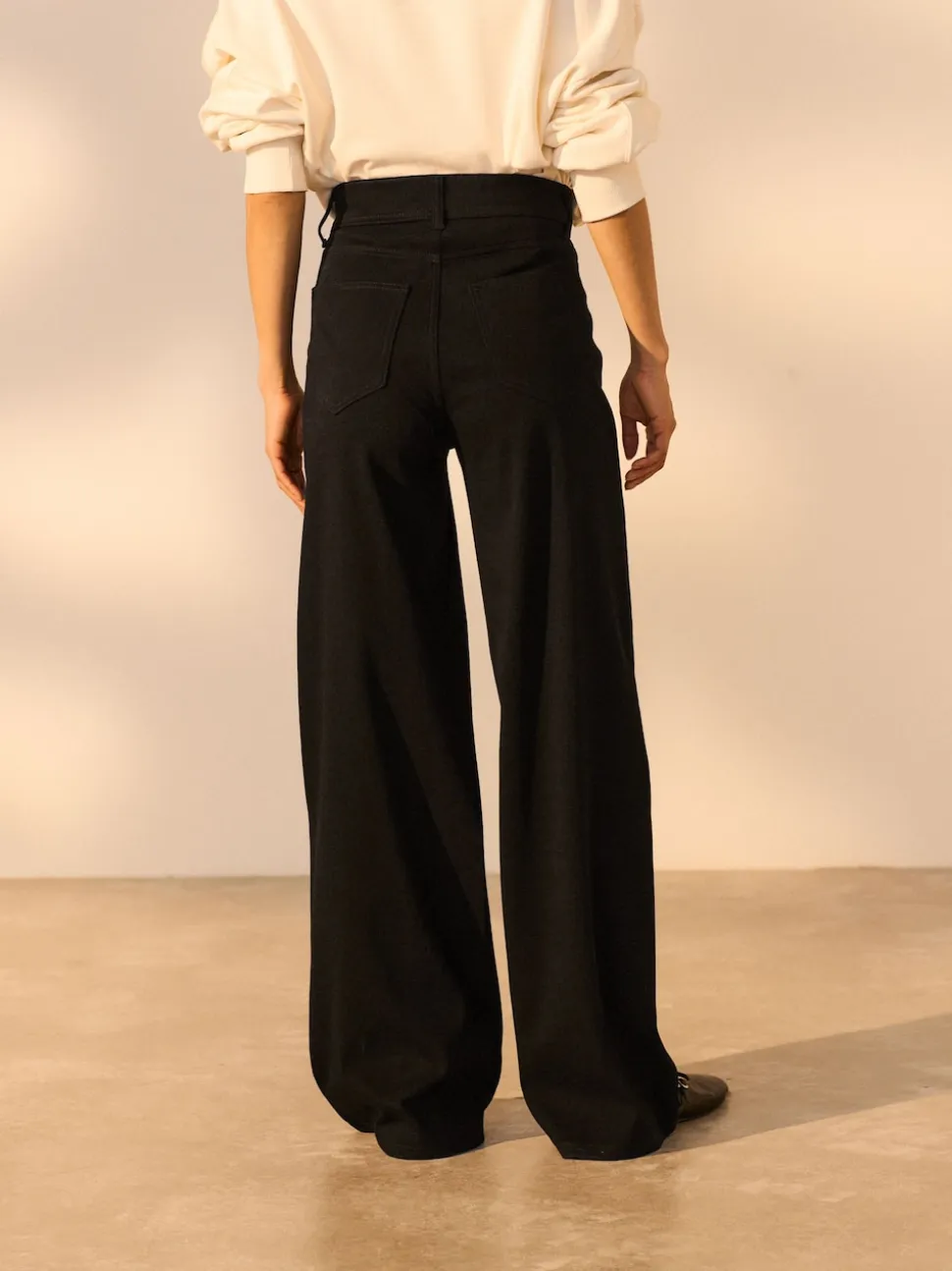 Black Jersey Denim Wide Leg Trousers