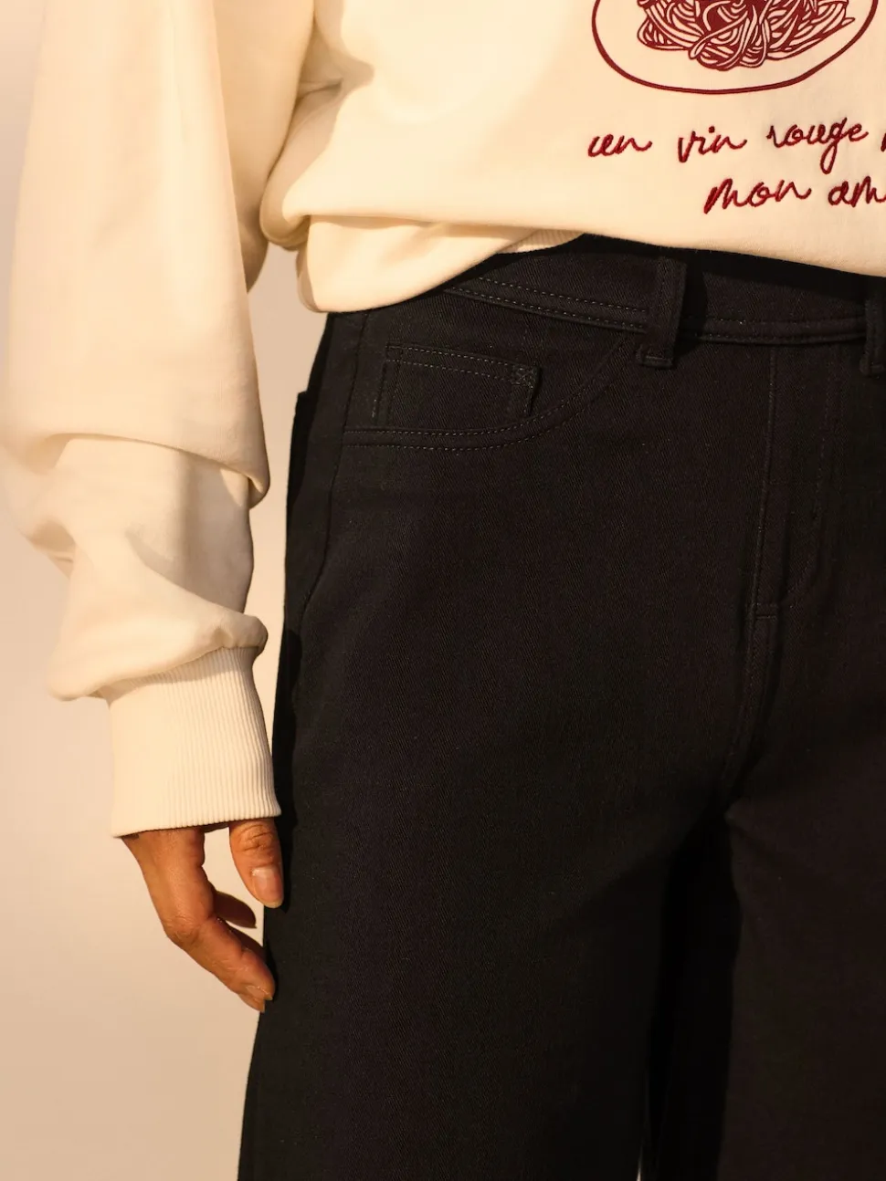 Black Jersey Denim Wide Leg Trousers