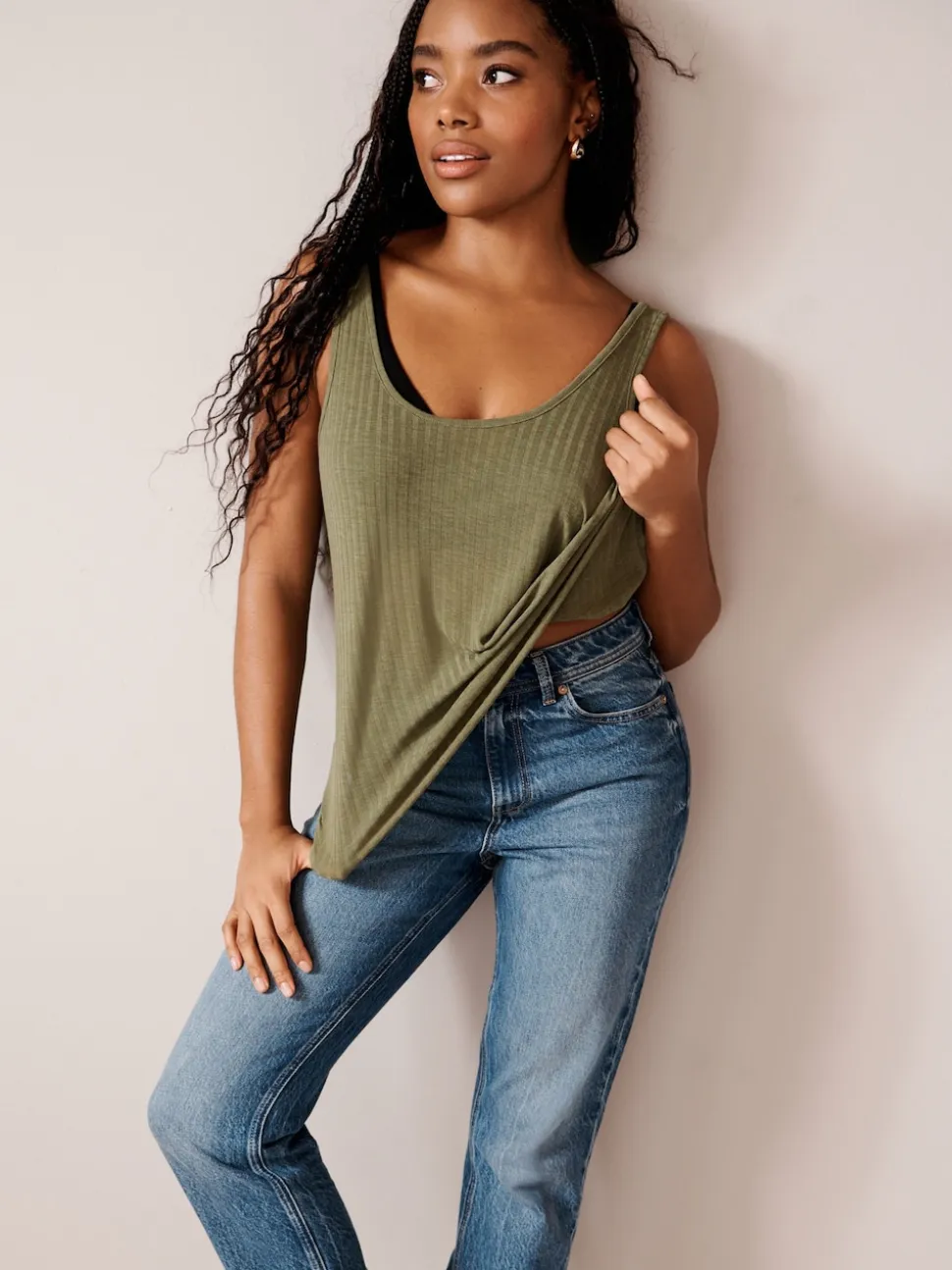 Black/ Khaki Green Strappy Scoop Neck Slouch Ribbed Vests 2 Pack