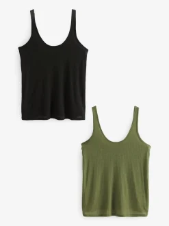 Black/ Khaki Green Strappy Scoop Neck Slouch Ribbed Vests 2 Pack