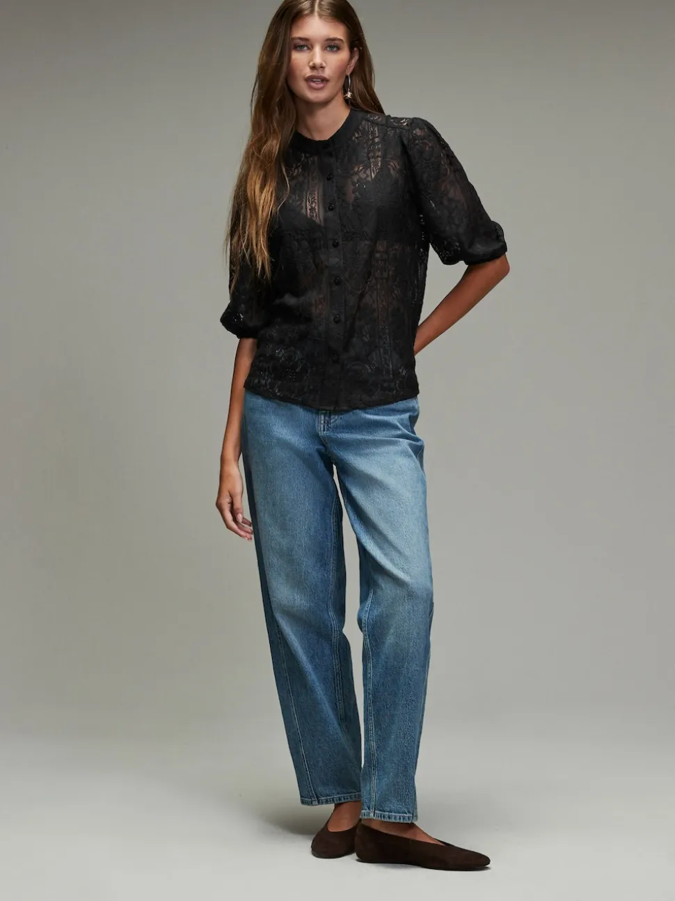 Black Lace Half Sleeve Blouse