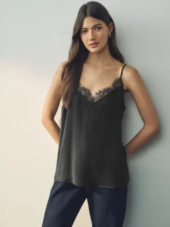 Black Lace Trim Strappy Cami Top