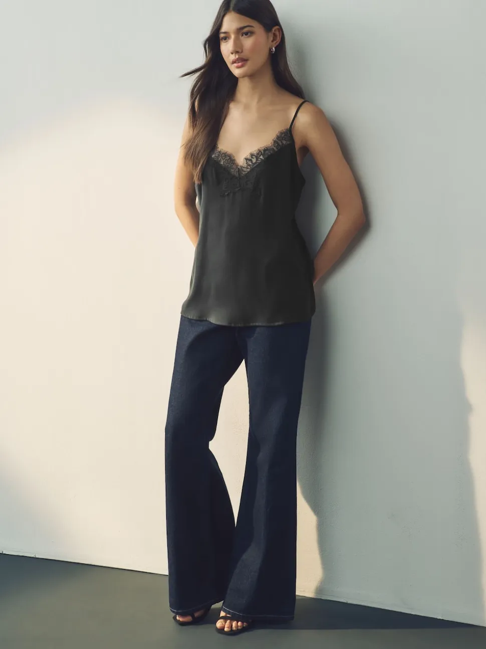 Black Lace Trim Strappy Cami Top