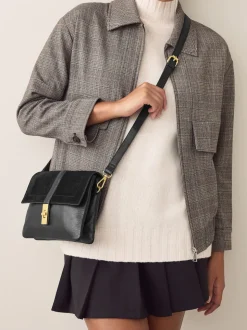 Black Leather Croc Effect Cross-Body Bag