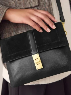 Black Leather Croc Effect Cross-Body Bag