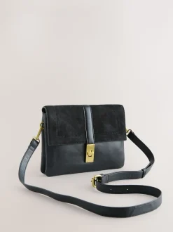 Black Leather Croc Effect Cross-Body Bag