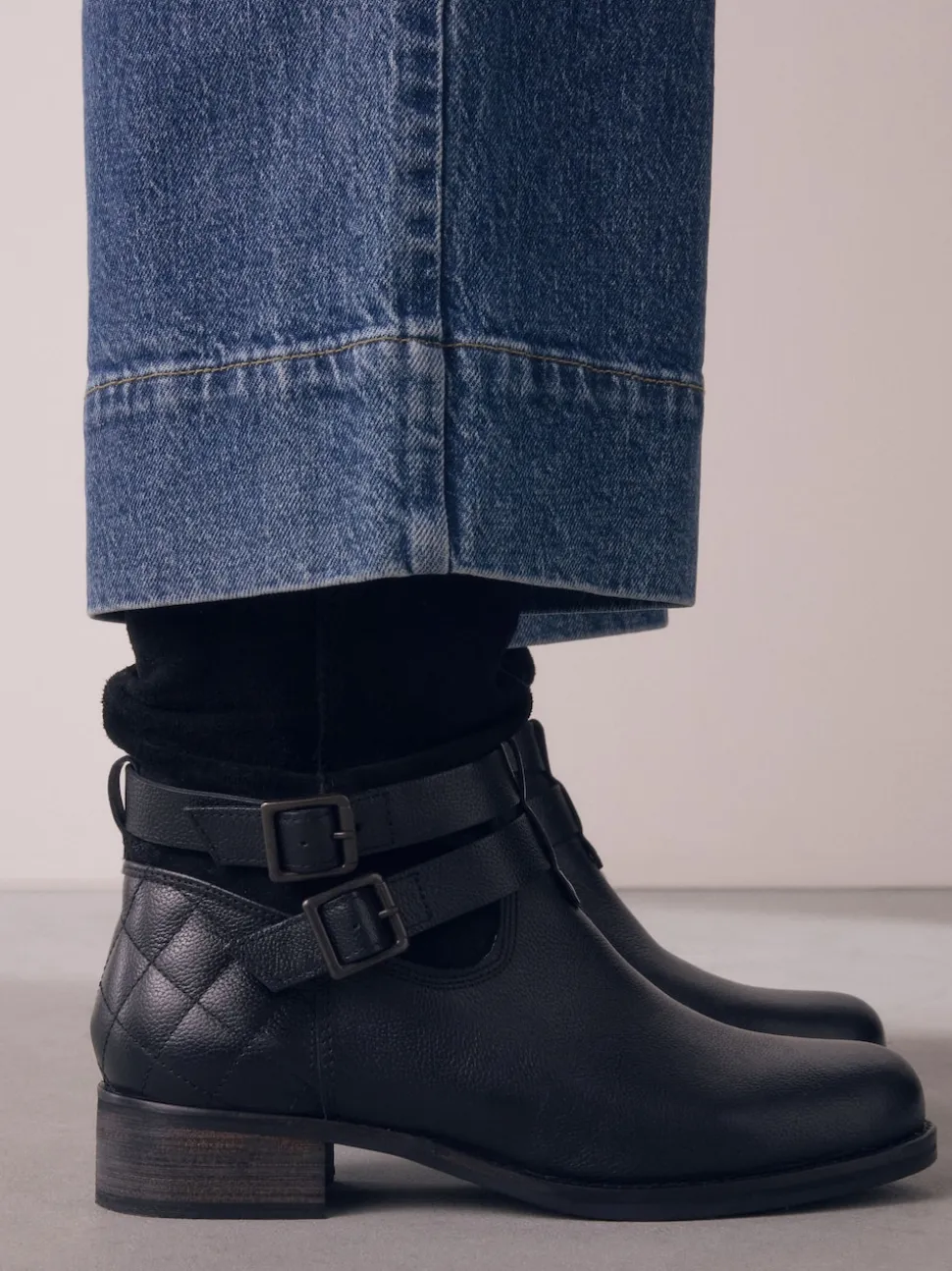Black Leather Extra Wide Fit Leather Slouch Ankle Boots