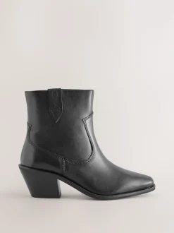 Black Leather Extra Wide Fit Cowboy Block Heel Ankle Boots