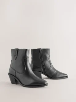 Black Leather Extra Wide Fit Cowboy Block Heel Ankle Boots