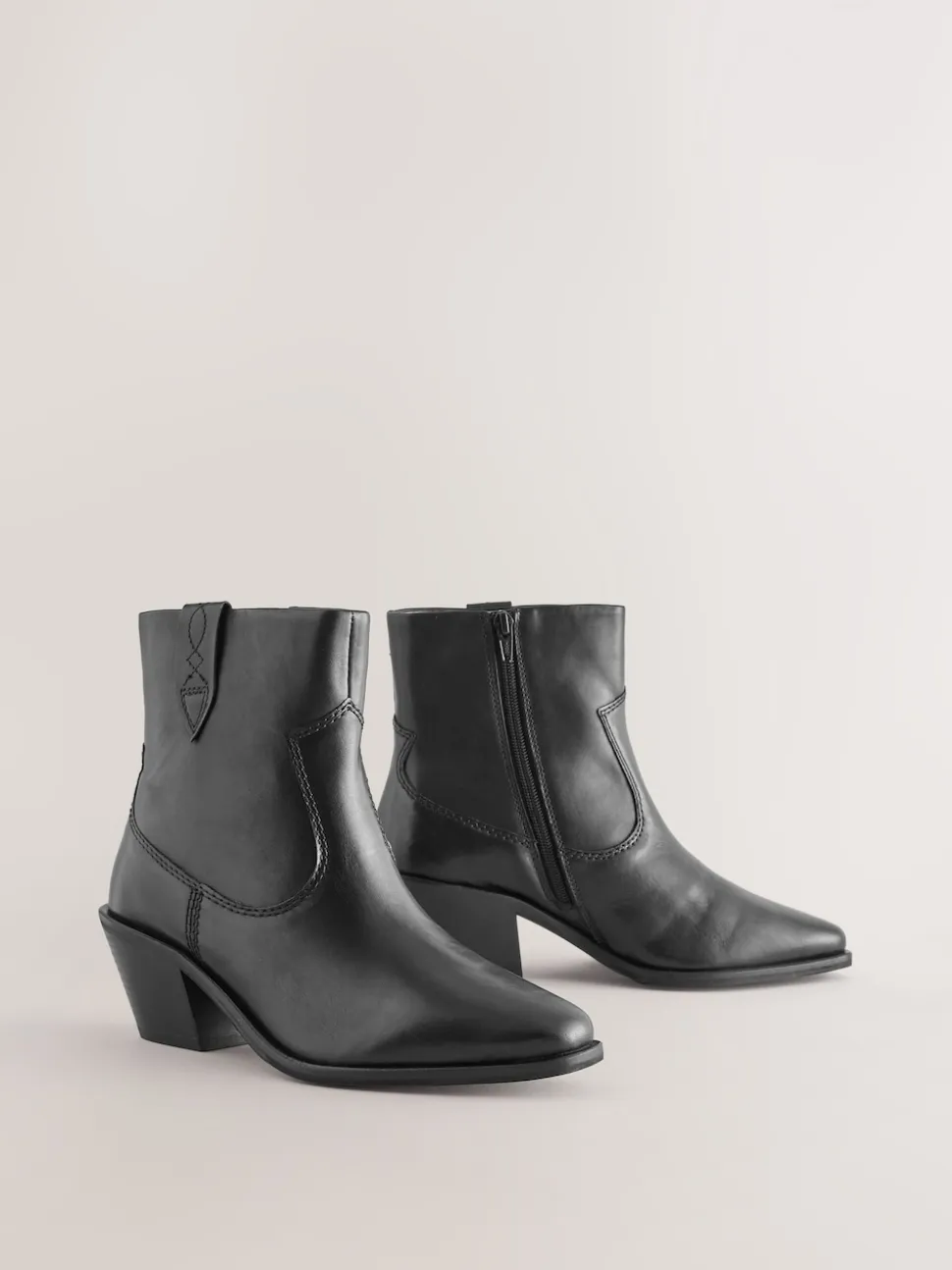 Black Leather Extra Wide Fit Cowboy Block Heel Ankle Boots