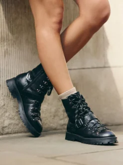 Black Leather Forever Comfort® Buckle Trim Lace Up Boots